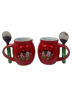 Disney Mickey & Minnie Christmas Ceramic Mug Set With Spoons Red & Green 2020 Fr